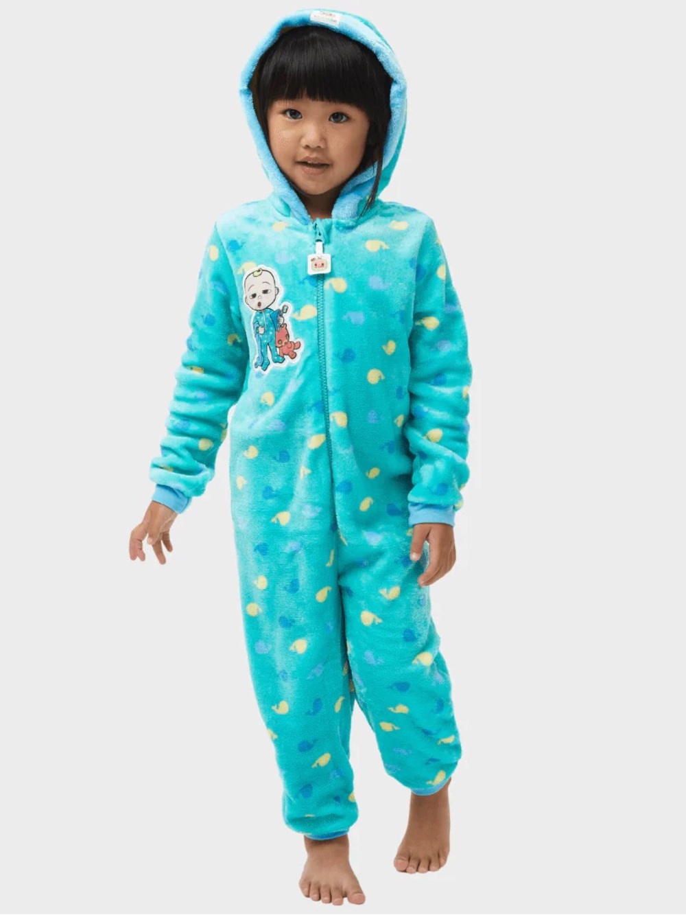 Amazon Blue Hooded Kids Plush Footed Pajama Onesie with Character Patch